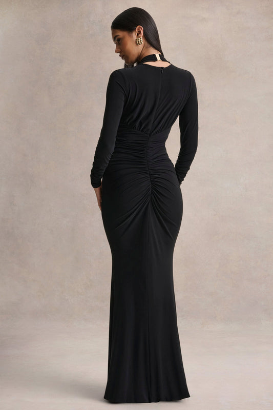 Tami | Vestido Largo Negro de Manga Larga con Escote Profundo