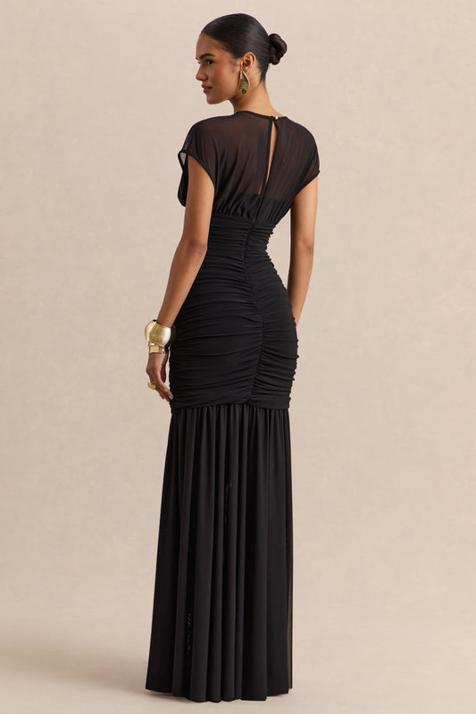 Kalene | Vestido largo negro de cuello de barco con detalles transparentes