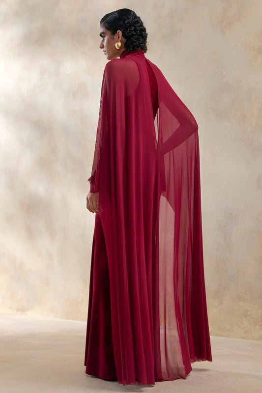 Adoring | Vestido largo burdeos de terciopelo con escote alto