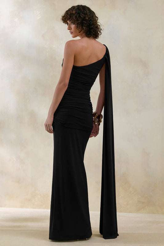Bettine | Vestido Largo Negro con Escote Asimétrico y Manga Capa