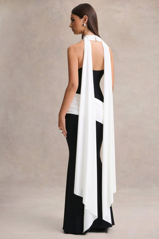 Dorinda | Vestido Largo Negro y Blanco de Cuello Alto con Detalle de Drapeado y Fajín