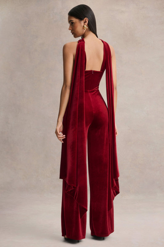 Arcane | Mono de Terciopelo Burdeos con Escote Bandeau y Detalle De Bufanda