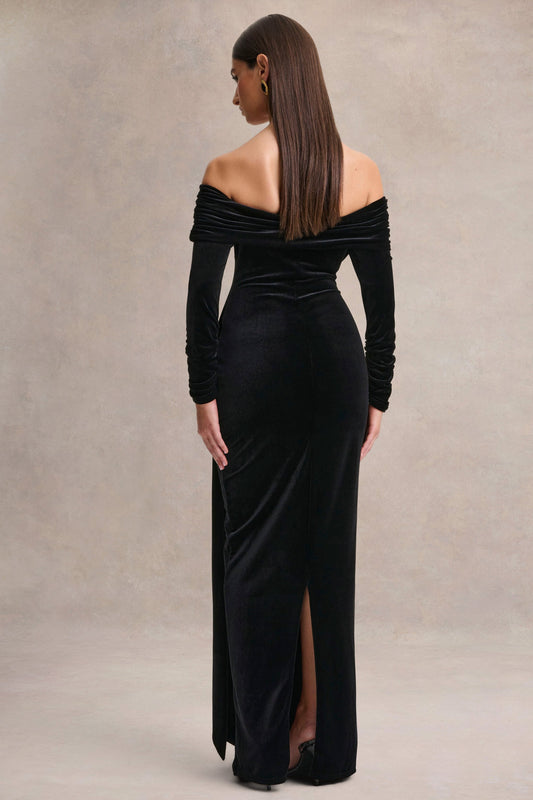 Jessara | Vestido Largo Negro con Escote Bardot y Detalles de Nudos
