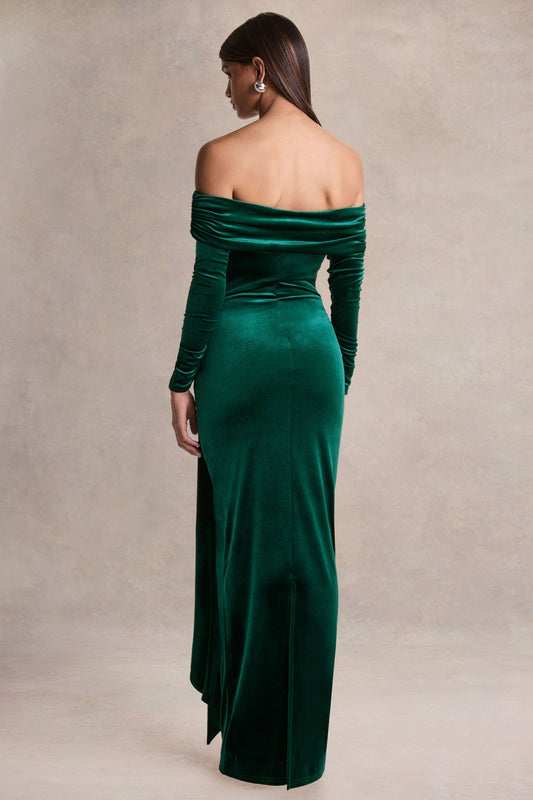 Jessara | Vestido largo verde botella bardot con detalles de nudo