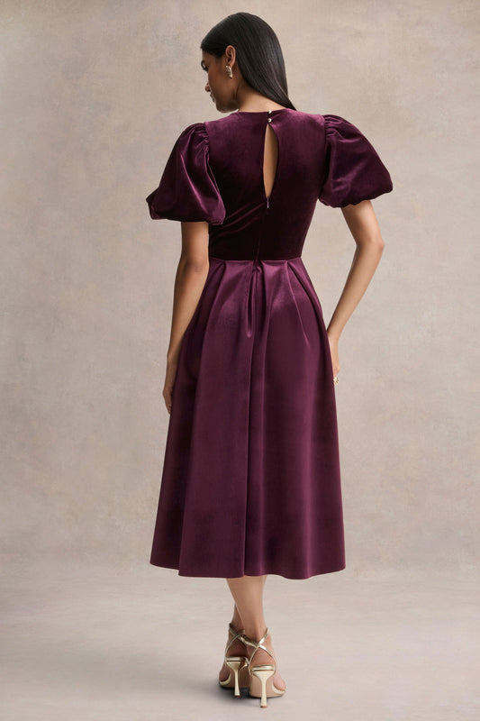 Seraphic | Vestido Midi de Terciopelo Burdeos con Mangas Abullonadas