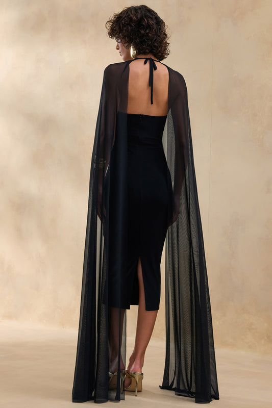 Filippa | Vestido midi de terciopelo negro con escote redondo y mangas capa transparentes