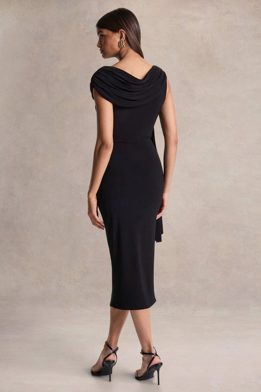 Mirelda | Vestido midi negro de cuello asimétrico con detalle dorado