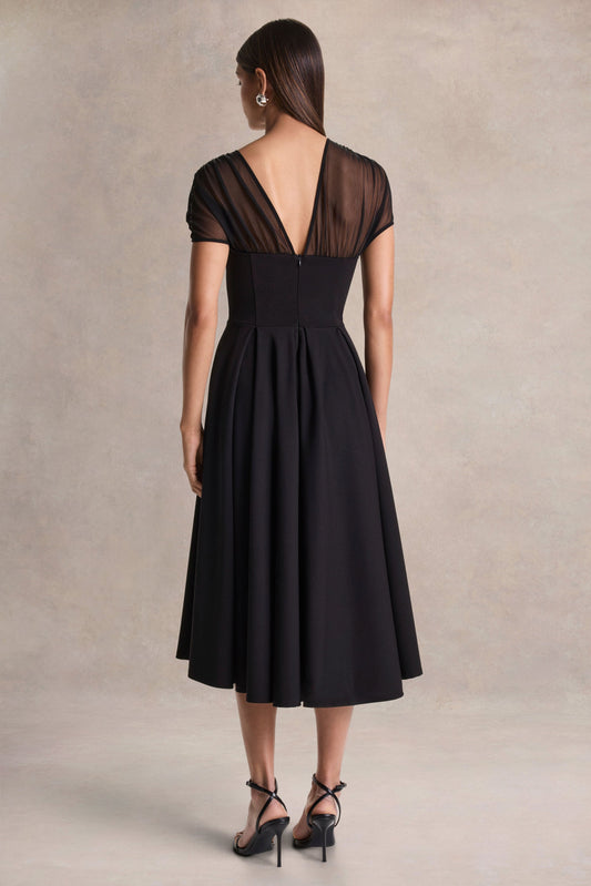Rosette | Vestido Midi Negro de Cuello Asimétrico