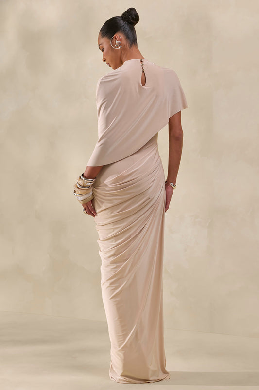 Lunaline | Vestido Largo champán de cuello alto con capa asimétrica y detalle drapeado