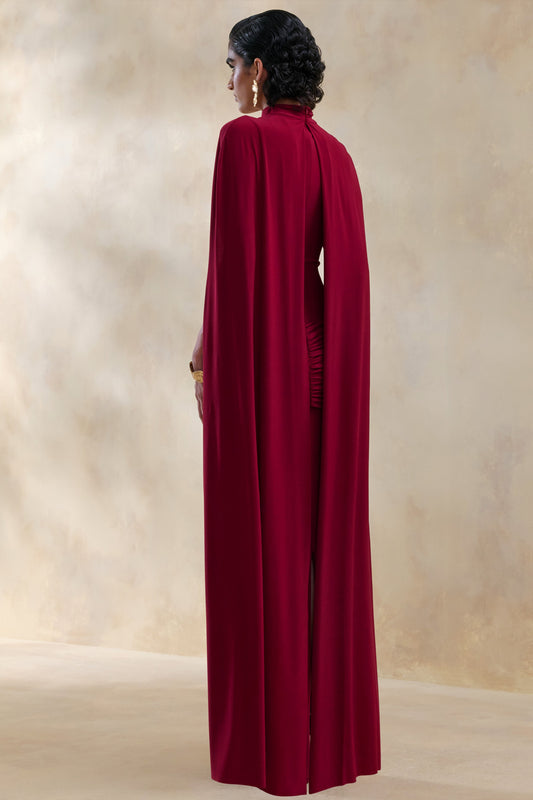 Dianelle | Berry Cuello Alto Vestido Largo con Mangas Capa