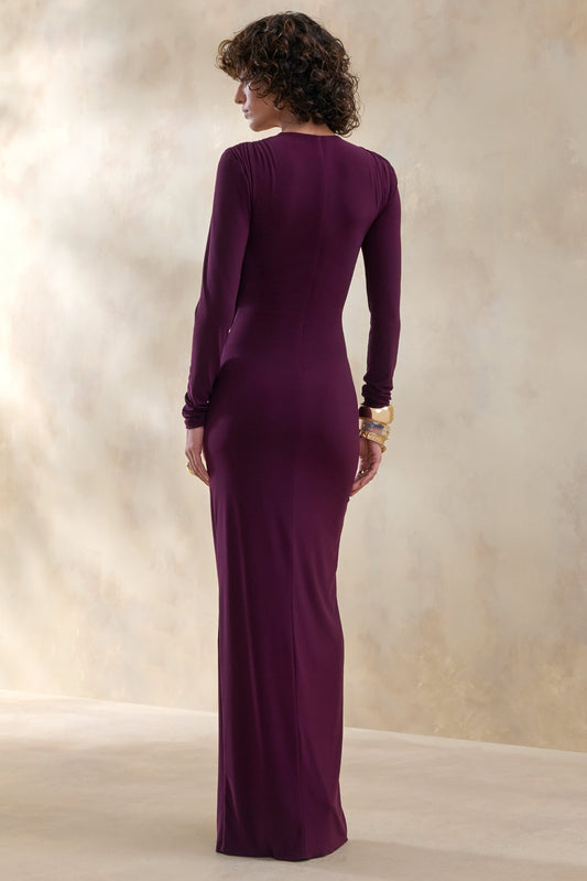 Desirelle | Vestido Largo color ciruela de cuello redondo con detalle fruncido