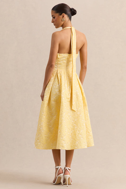 Nyomi | Vestido Midi Limón de Satén de Escote Halter