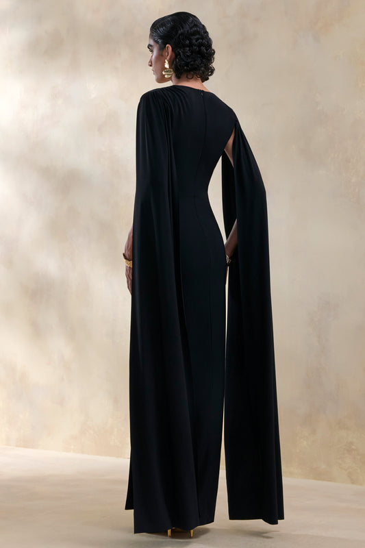 Ulissia | Negro Escote en V Vestido Largo con Mangas Capa