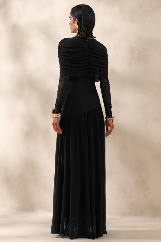 Enalia | Negro Malla Cuello Alto Vestido Largo con Capa Corta