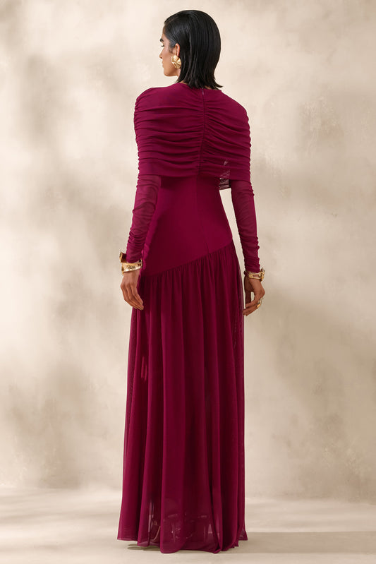 Enalia | Burdeos Malla Cuello Alto Vestido Largo con Capa Corta