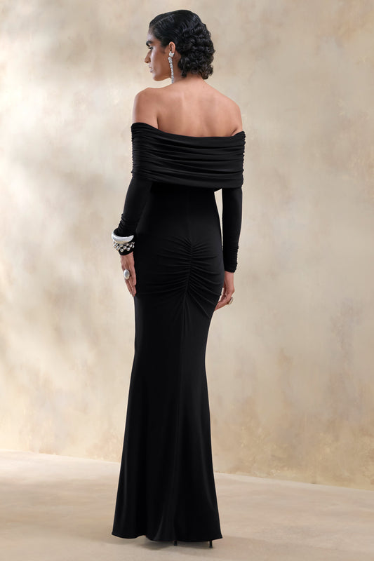 Brisea | Vestido Largo Negro Con Escote Bardot Y Manga Larga