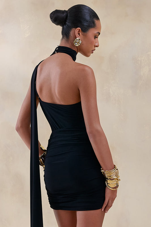 Jisella | Negro Escote Asimétrico Body con Pañuelo
