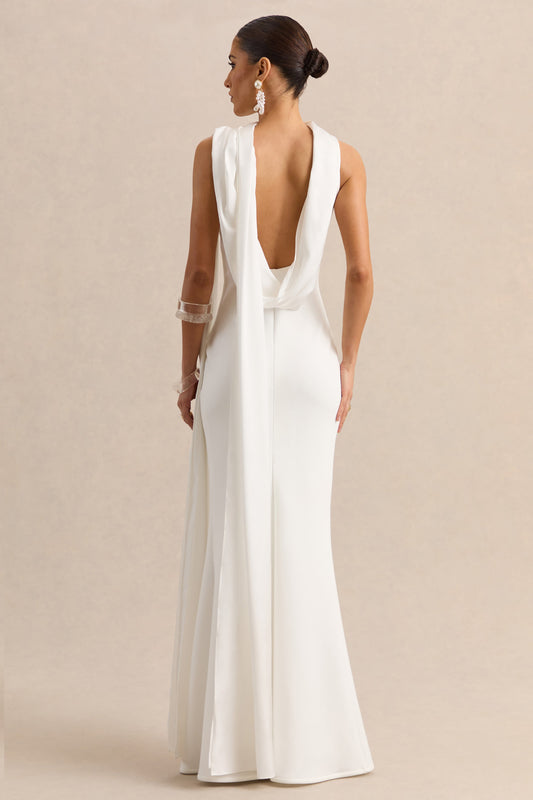 Vionette | Vestido Largo blanco de cuello alto con pañuelo