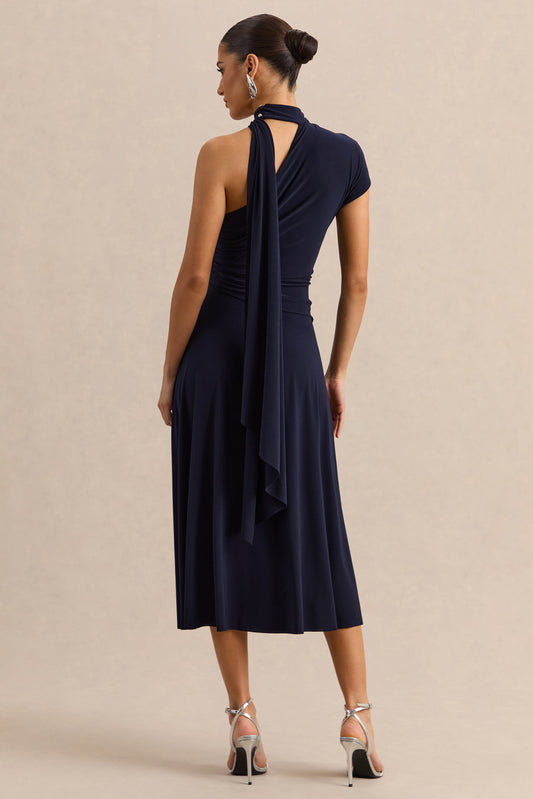 Lythara | Vestido Midi Azul Marino De Jersey Premium Con Escote Asimétrico Y Detalle Pañuelo