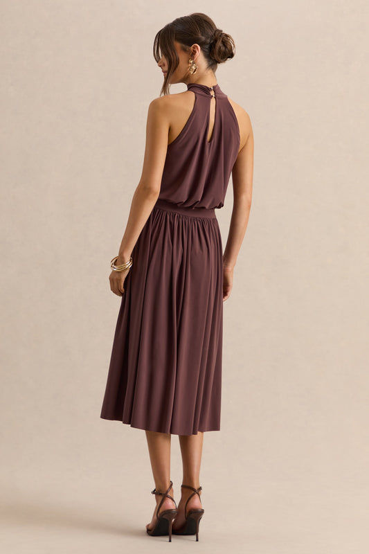 Hedira | Vestido Midi Marrón de Cuello Alto