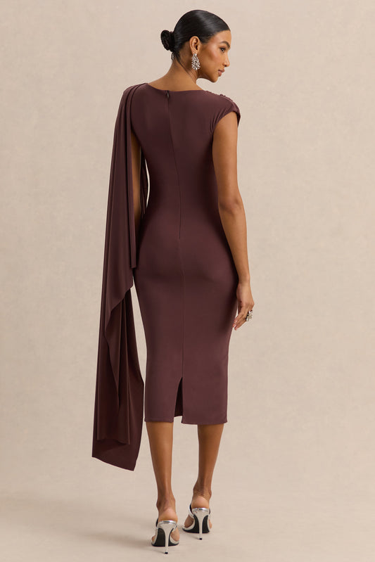 Kamoria | Vestido Midi Marrón de Cuello Redondo con Manga Capa