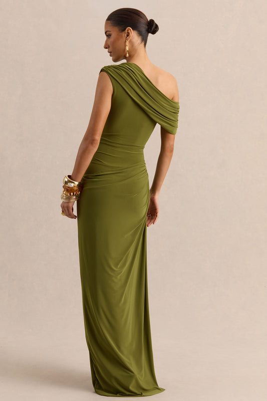 Avialee | Vestido Largo Verde de Escote Asimétrico con Detalle Drapeado y Fajín