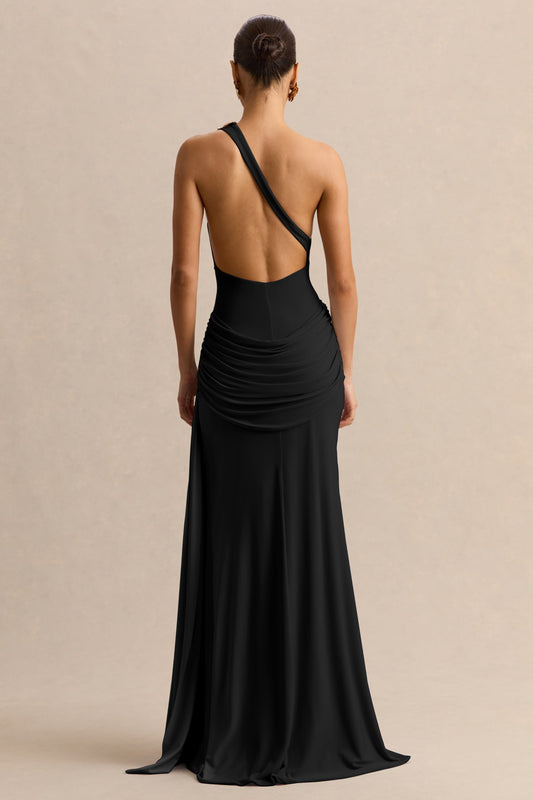 Belrose | Vestido Largo Negro de Escote Asimétrico con Detalle Dorado y Abertura Frontal Alta