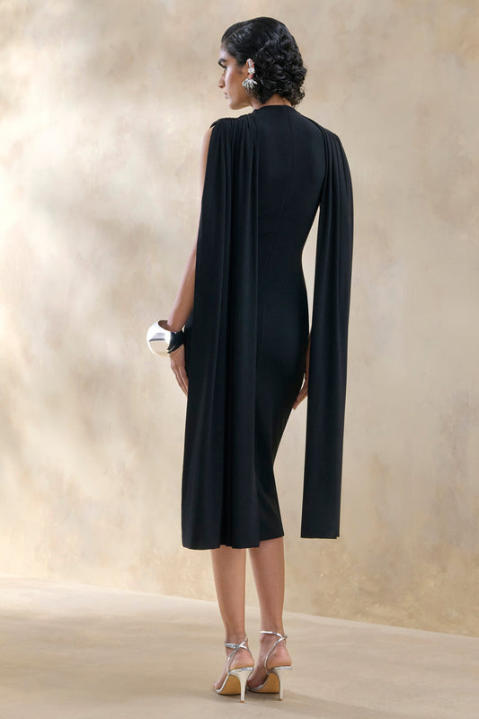 Lysandria | Negro Cuello Redondo Vestido Midi con Mangas Capa