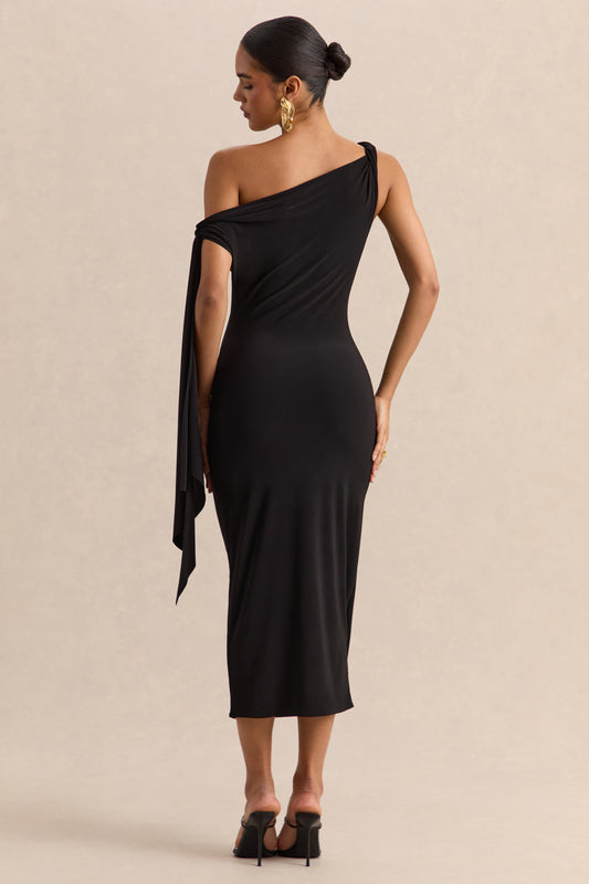 Arcelia | Negro Escote Asimétrico Vestido Midi con Detalle de Nudo en Manga