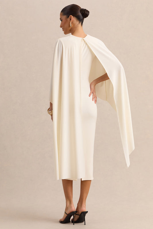 Luxalyn | Vestido Midi Crema de Cuello Redondo con Detalle de Capa