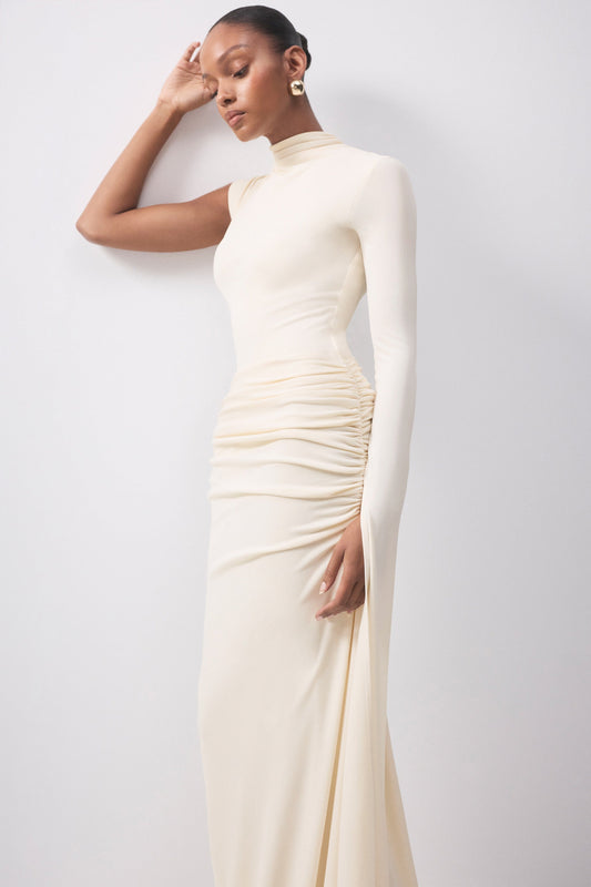 Adessa | Falda Larga Color Crema Con Cintura Asimétrica Y Fruncido