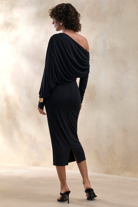 Dalissa | Negro Escote Asimétrico Vestido Midi con Detalle Drapeado