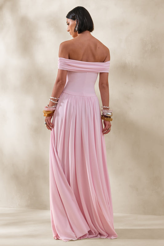 Cindie | Vestido Largo Rosa De Jersey Con Escote Bardot Y Detalles Fruncidos