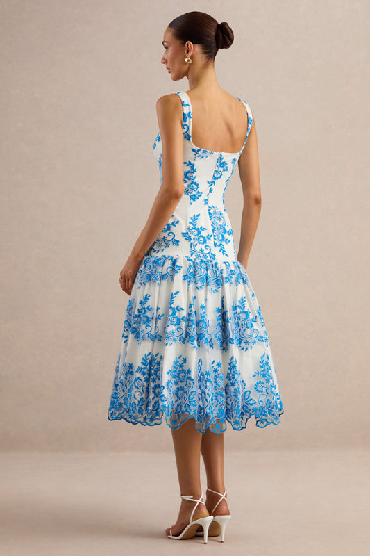 Mayra | Vestido Midi Azul De Encaje Con Escote Cuadrado Y Falda Voluminosa