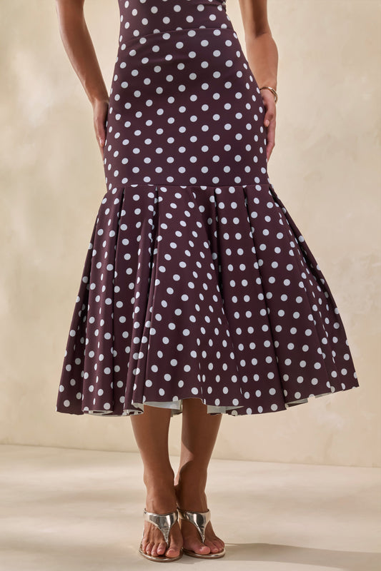 Masie | Falda Midi Marrón De Lunares Con Talle Caído