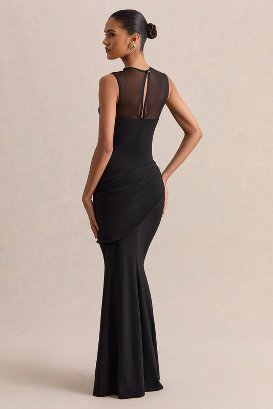 Lyssy | Negro Cuello Alto Vestido Largo con Detalle de Malla
