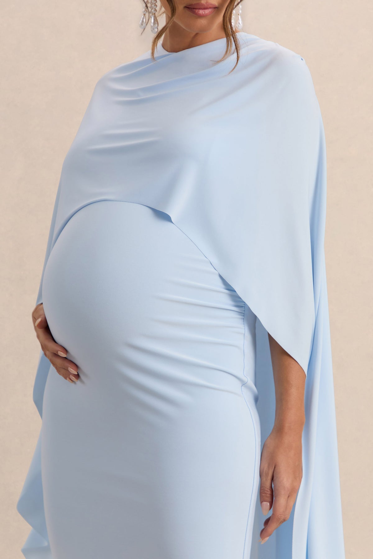 Arwen | Vestido Midi Premamá Azul Polvos De Jersey Elástico Premium Con Escote Redondo Y Detalle De Capa