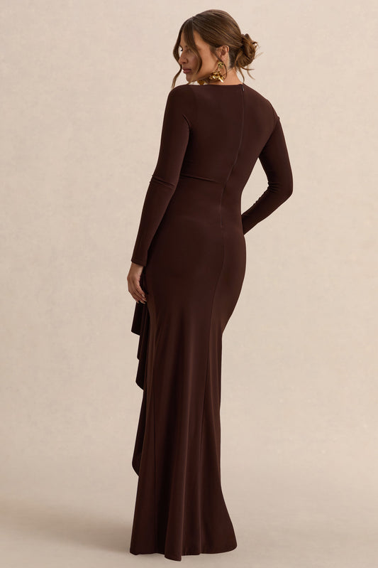Kamira | Vestido Largo Marrón oscuro Premamá de Cuello Redondo con Detalle Drapeado