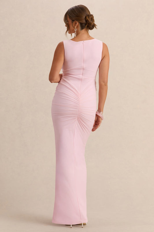 Alitha | Vestido Midi Rosa claro Premamá de Cuello Redondo con Detalle Fruncido y Abertura Frontal