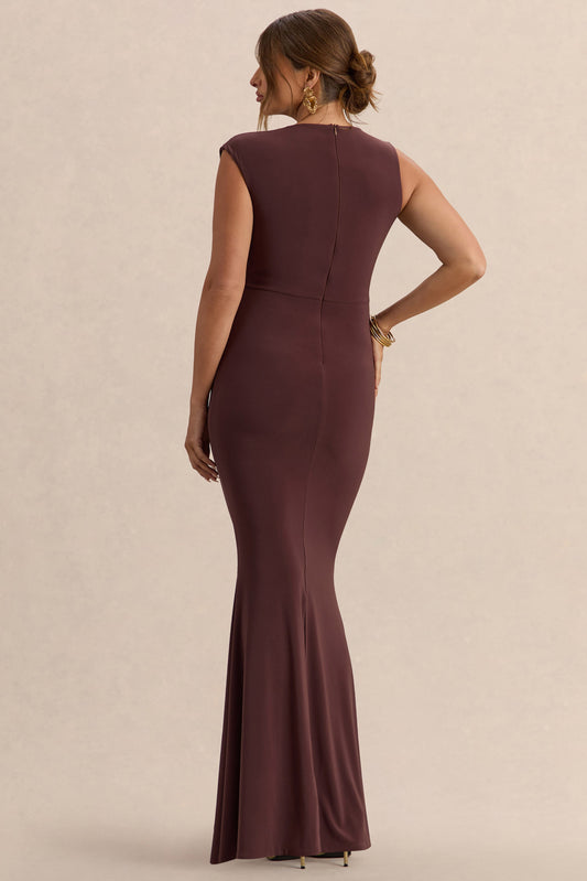 Osanna | Vestido Largo Premamá Marrón Oscuro De Jersey Elástico Premium Con Escote Amplio Y Detalle Fruncido