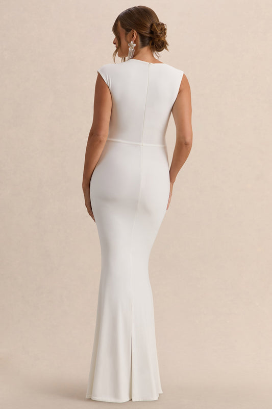 Osanna | Vestido Largo Premamá Blanco De Jersey Elástico Premium Con Escote Amplio Y Detalle Fruncido