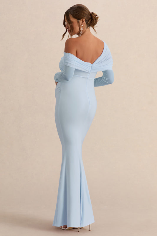 Ianthe | Vestido Largo Premamá Azul Claro Con Escote Asimétrico Y Mangas Largas De Malla