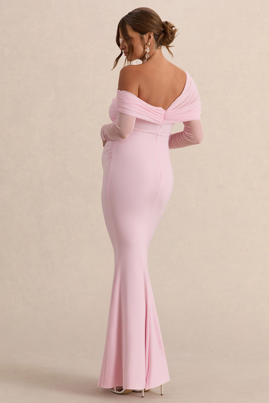 Ianthe | Vestido Largo Premamá Rosa Claro Con Escote Asimétrico Y Mangas Largas De Malla