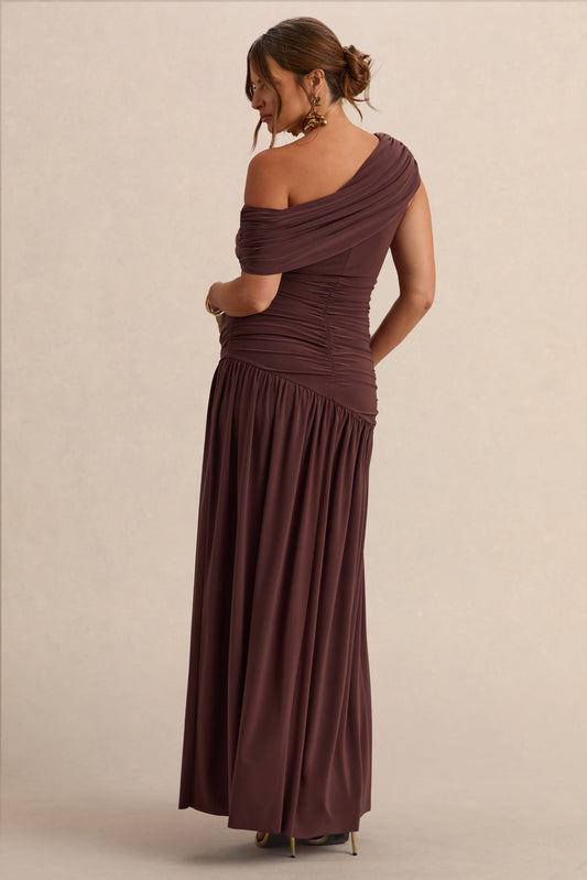 Marjorie | Vestido Largo Marrón oscuro Premamá de Escote Asimétrico