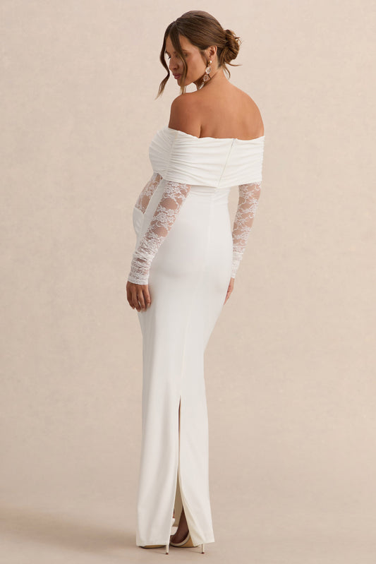 Artemisia | Vestido Premamá Largo Blanco Con Escote Bardot Y Detalle De Encaje