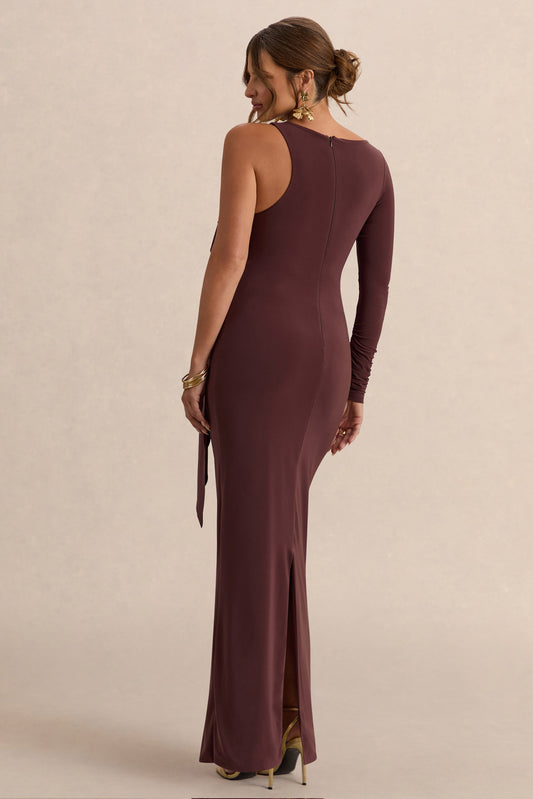 Emanuela | Vestido Largo Premamá Marrón Oscuro Con Escote Barco Y Detalle De Cinta