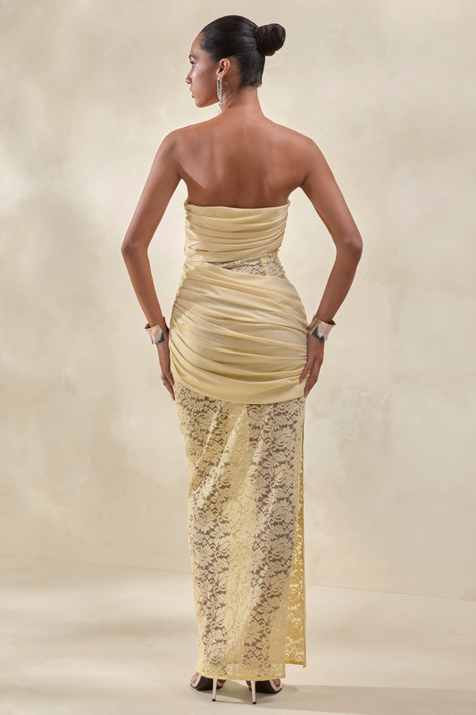 Lalita | Vestido Largo Limón de Encaje y Satén Bandeau con Detalle Cruzado
