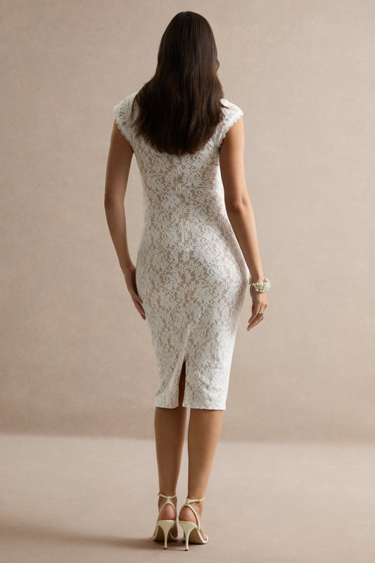 Vianne | Vestido Midi Premamá Blanco De Encaje Con Cuello Redondo