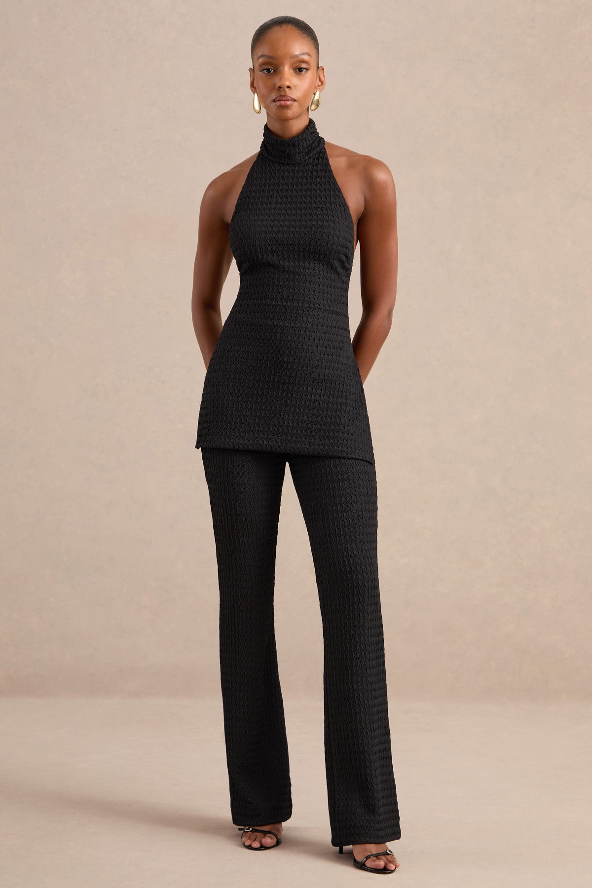 Athenais | Pantalones Negros De Punto Texturizado De Tiro Alto Y Pierna Recta