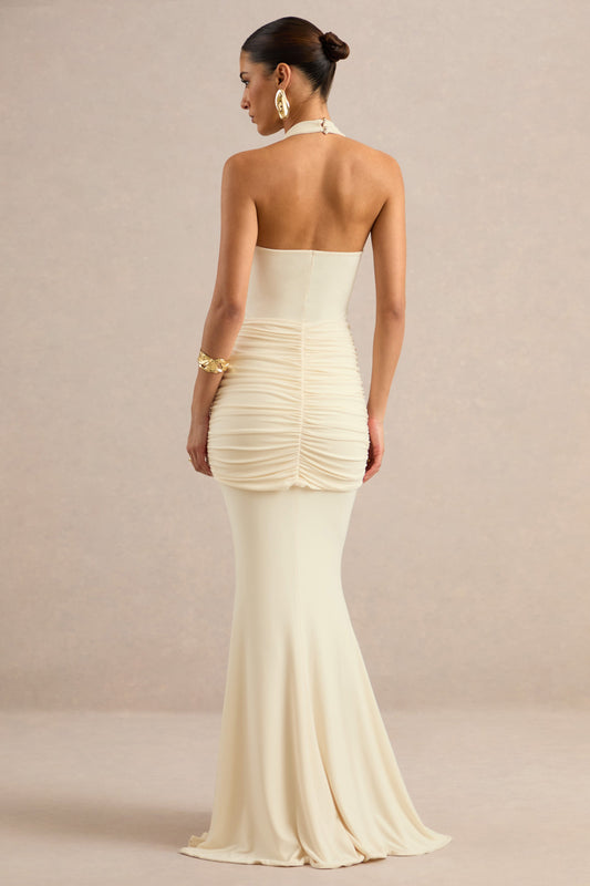 Avalie | Vestido maxi en crema con escote pronunciado y detalle de frunces